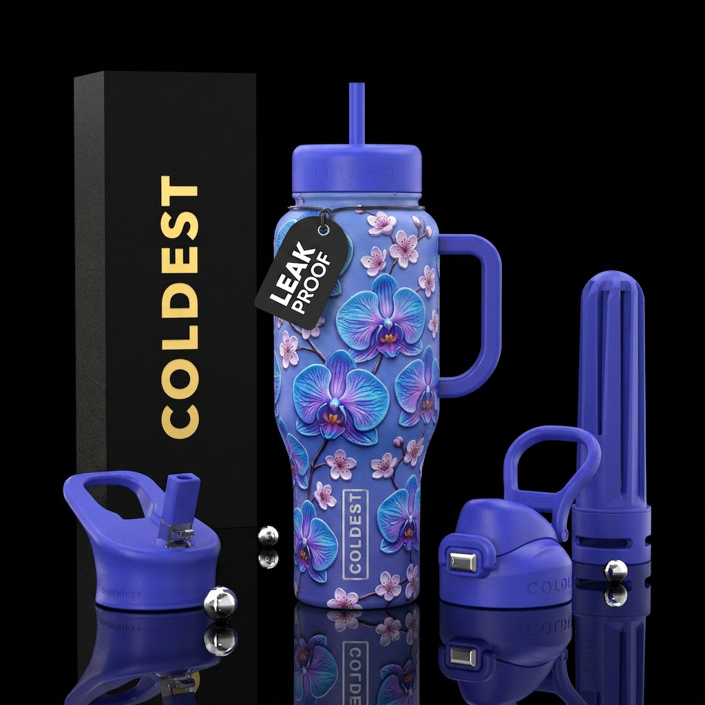 blue and purple orchids with cherry blossoms water bottle design
