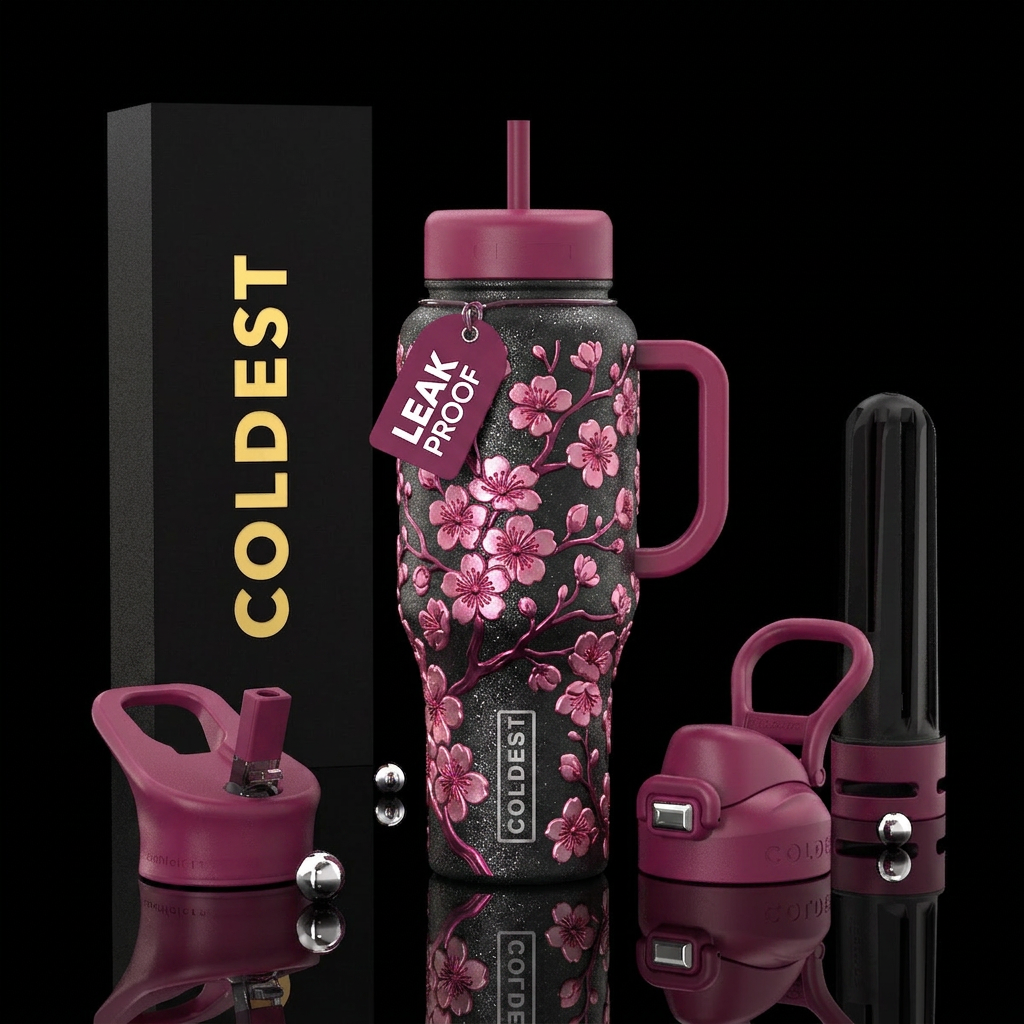 raised cherry blossom design with a sparkly backgr... water bottle design