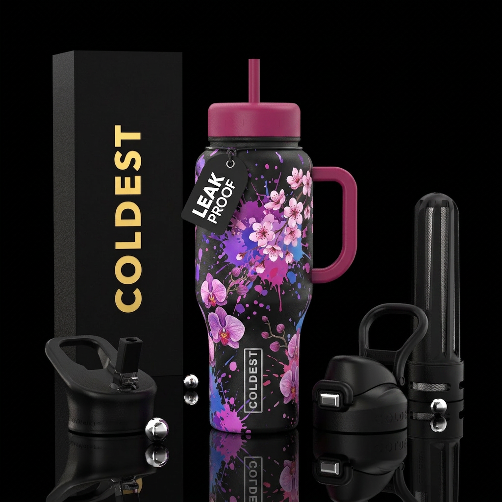 paint splatters with painted cherry blossoms and o... water bottle design