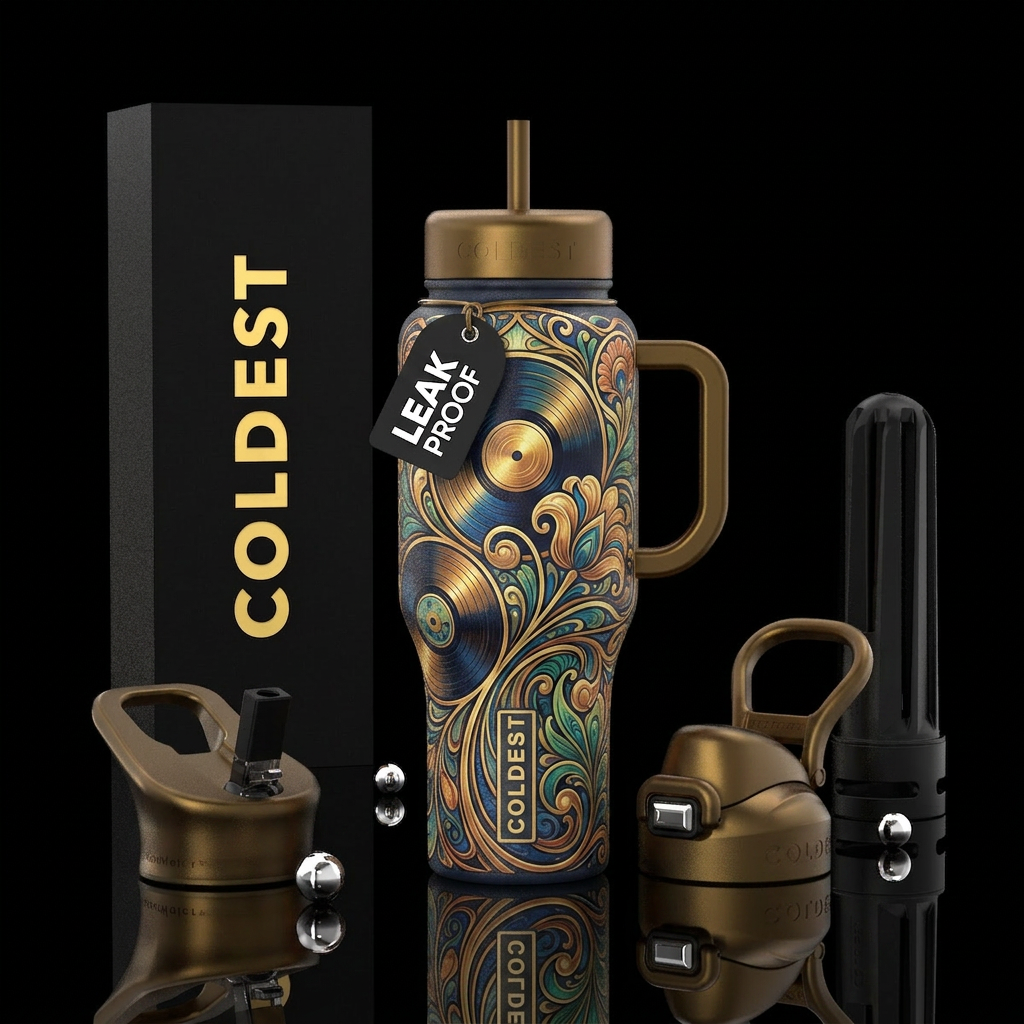 vinyl albums in Art Nouveau water bottle design