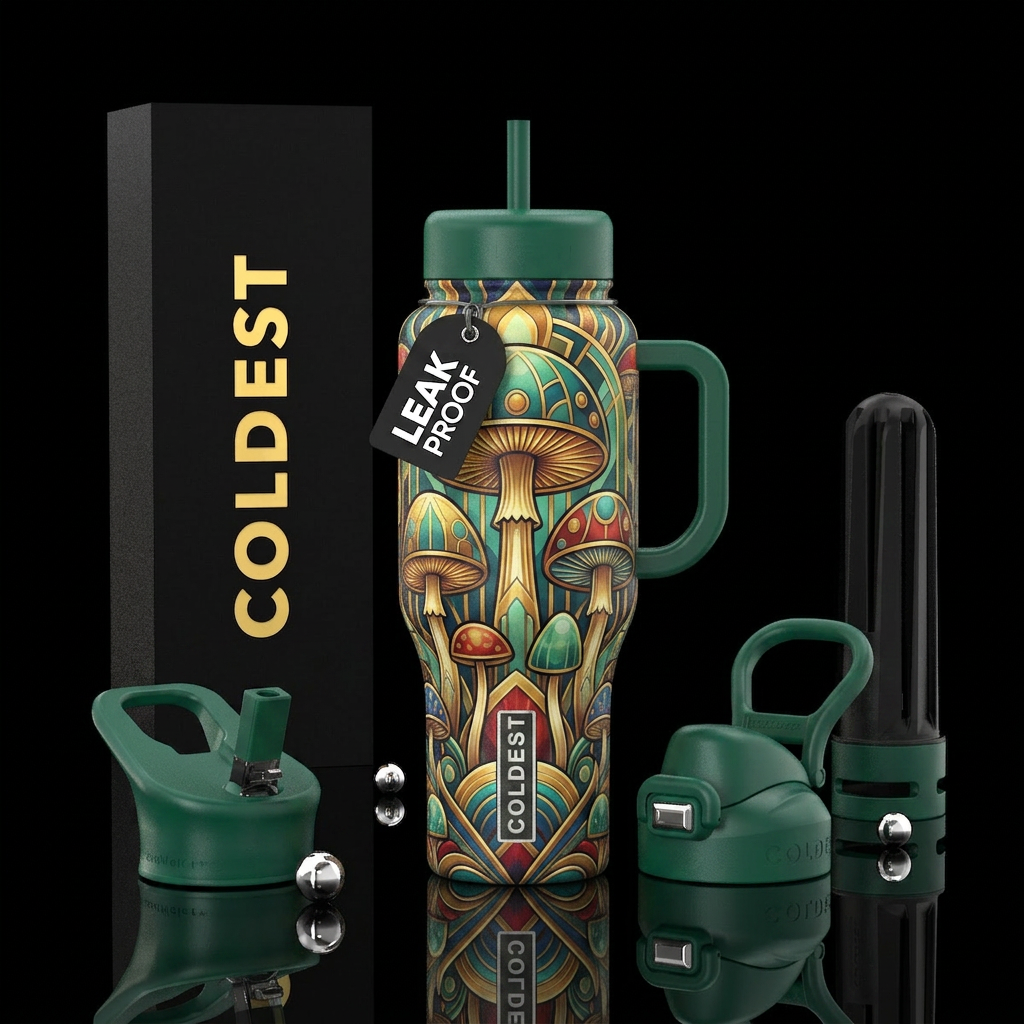 Mushrooms art deco style water bottle design