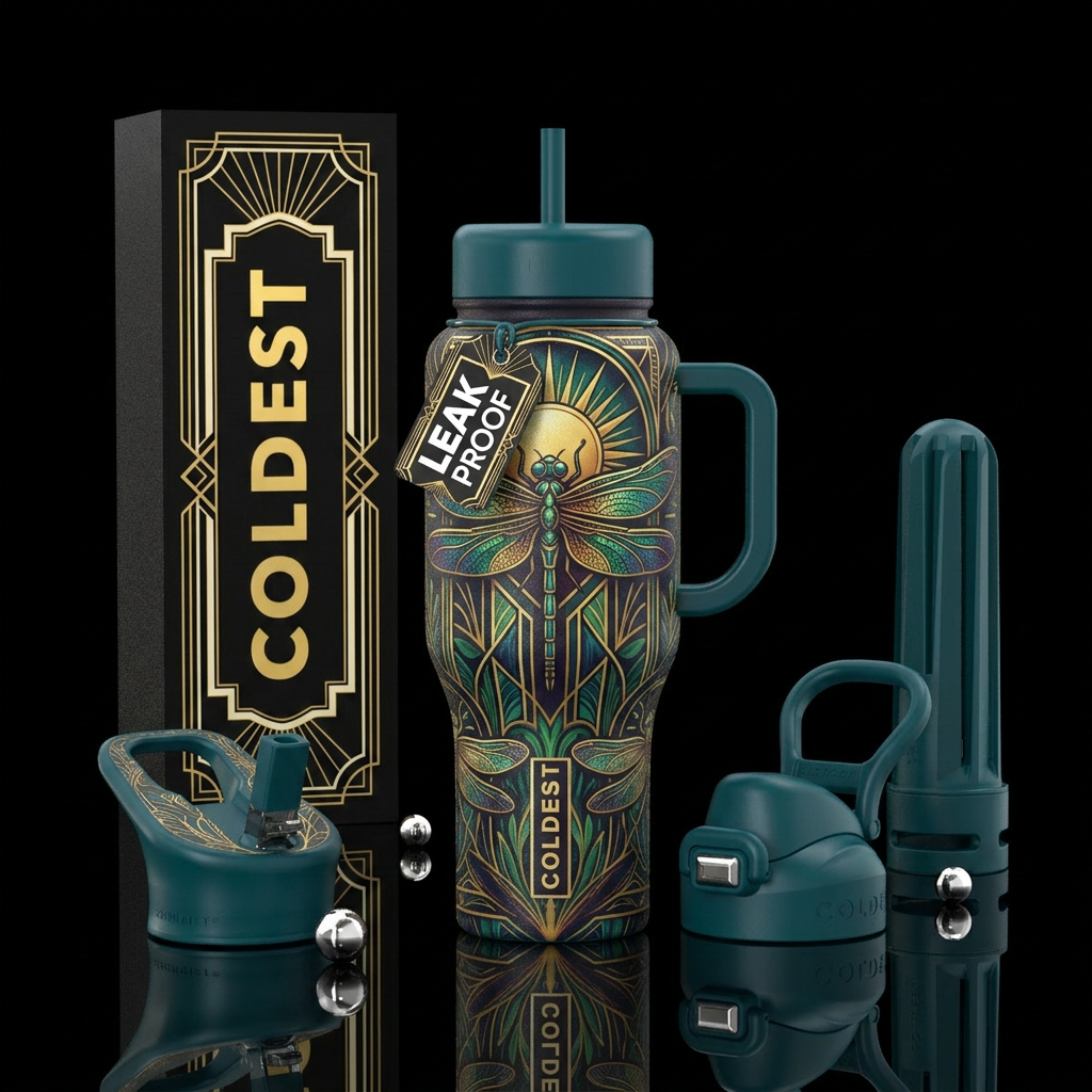 dragonfly art deco style water bottle design