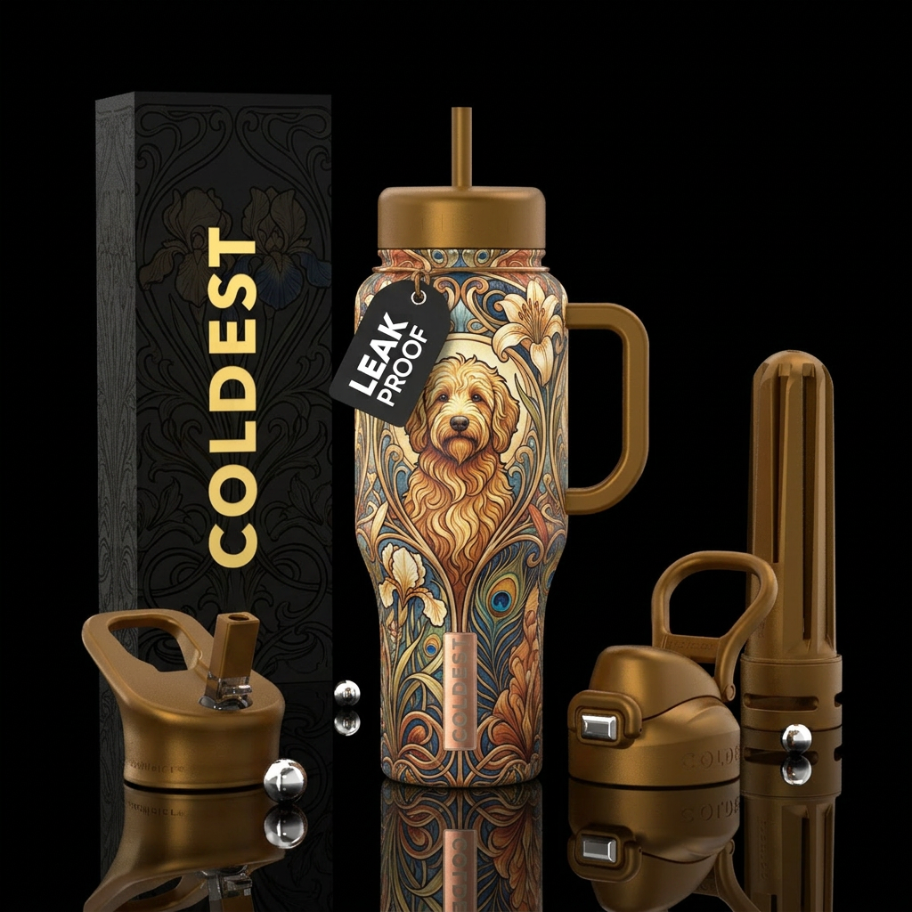 Golden Doodle Art nouveau style water bottle design