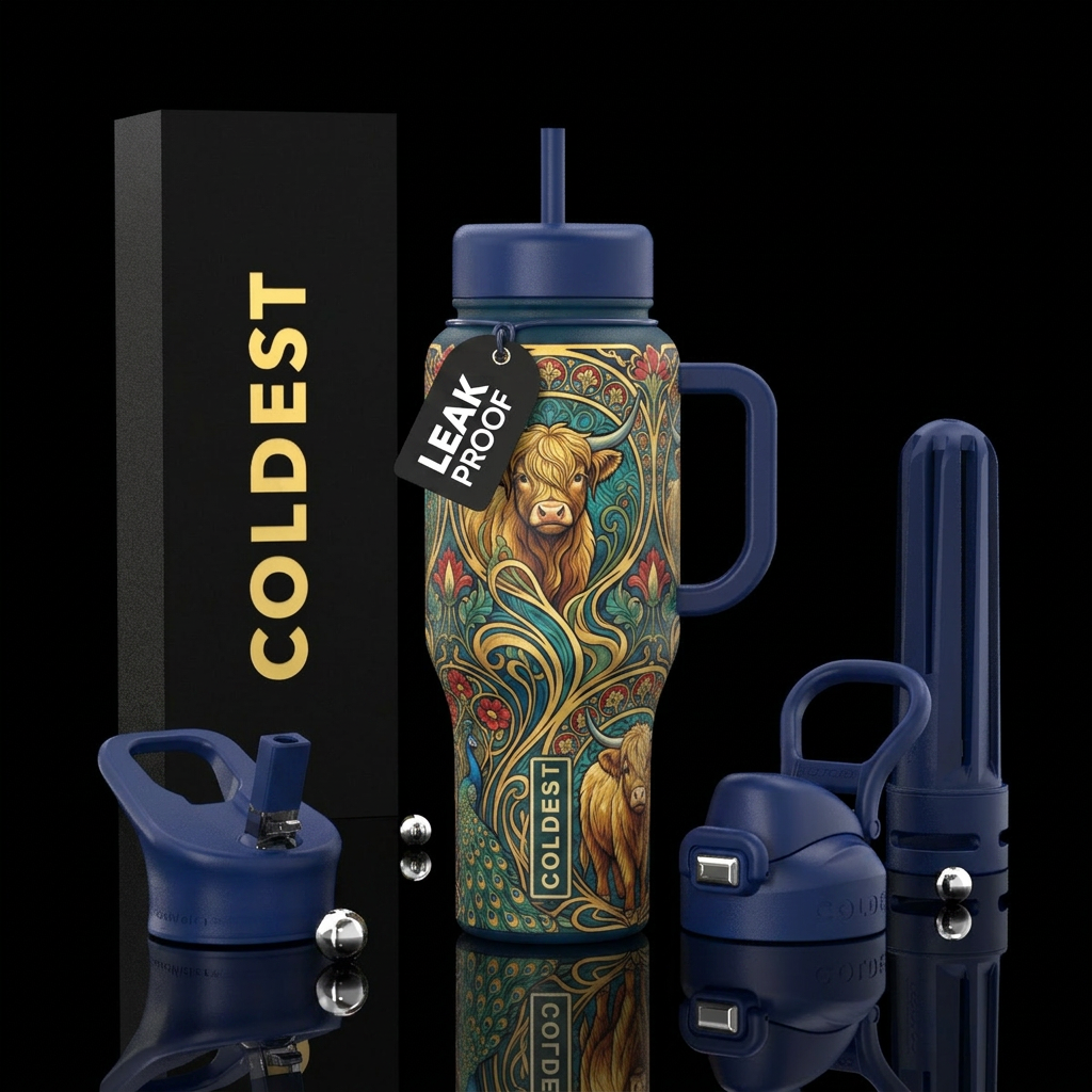 baby highlander cows art nouveau style water bottle design