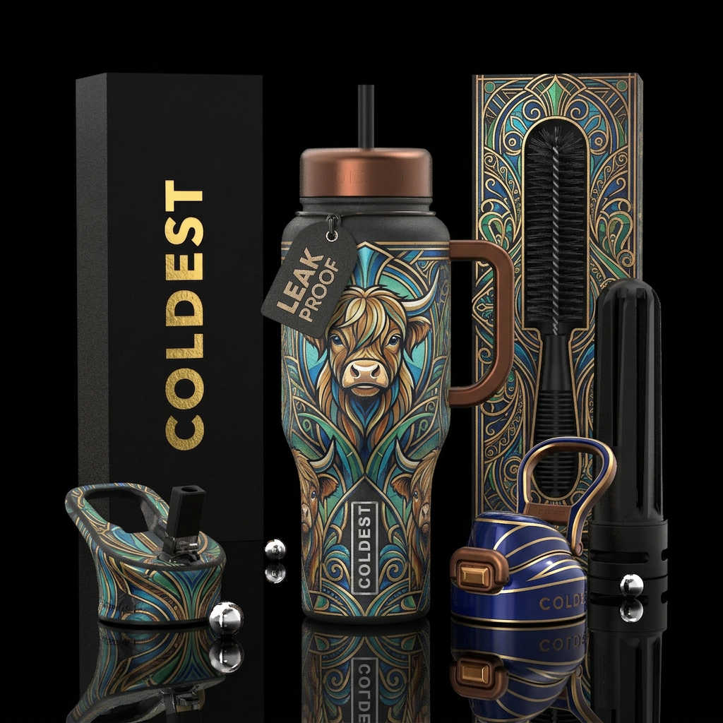 baby higlander cows art deco style water bottle design