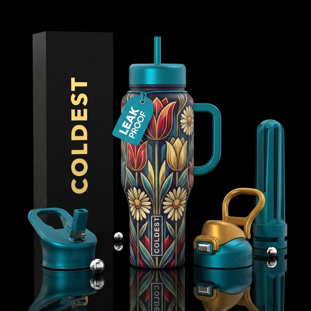 tulips and daisys art deco style water bottle design