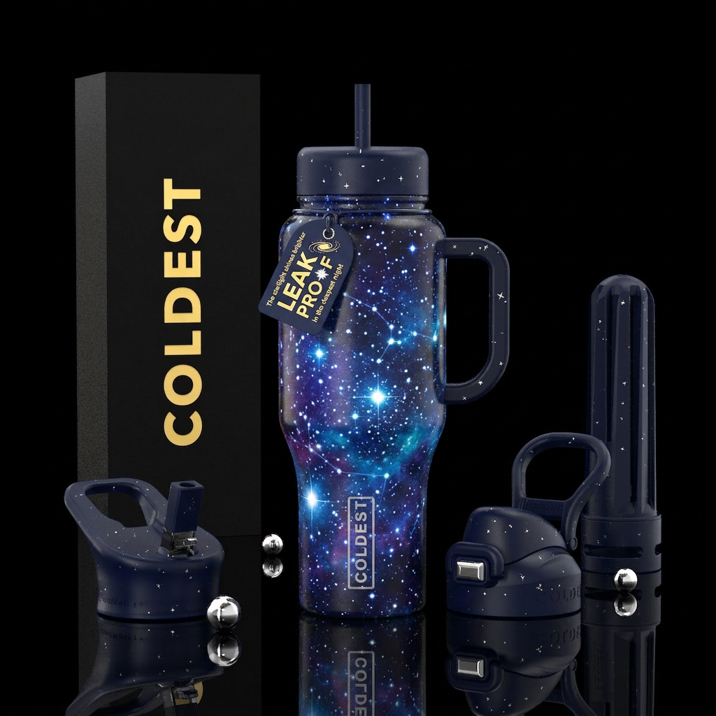 The starlight shines brighter in the deepest night water bottle design