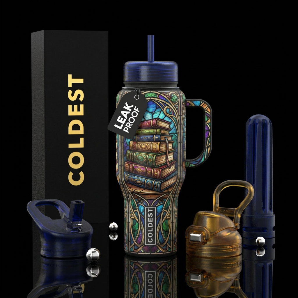 Stained glass books art nouveau water bottle design