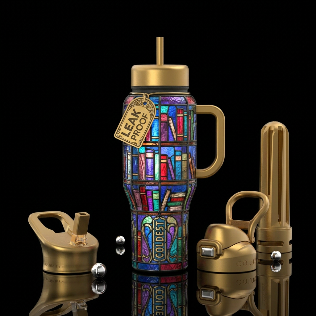 Stained glass books art nouveau water bottle design