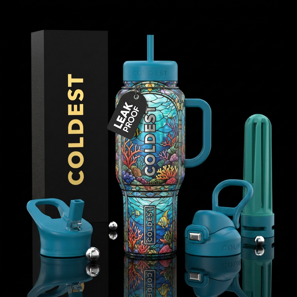 stained glass coral reef water bottle design