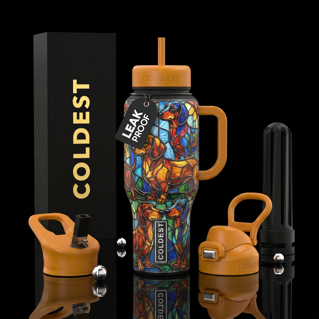 stained glass dachshunds water bottle design