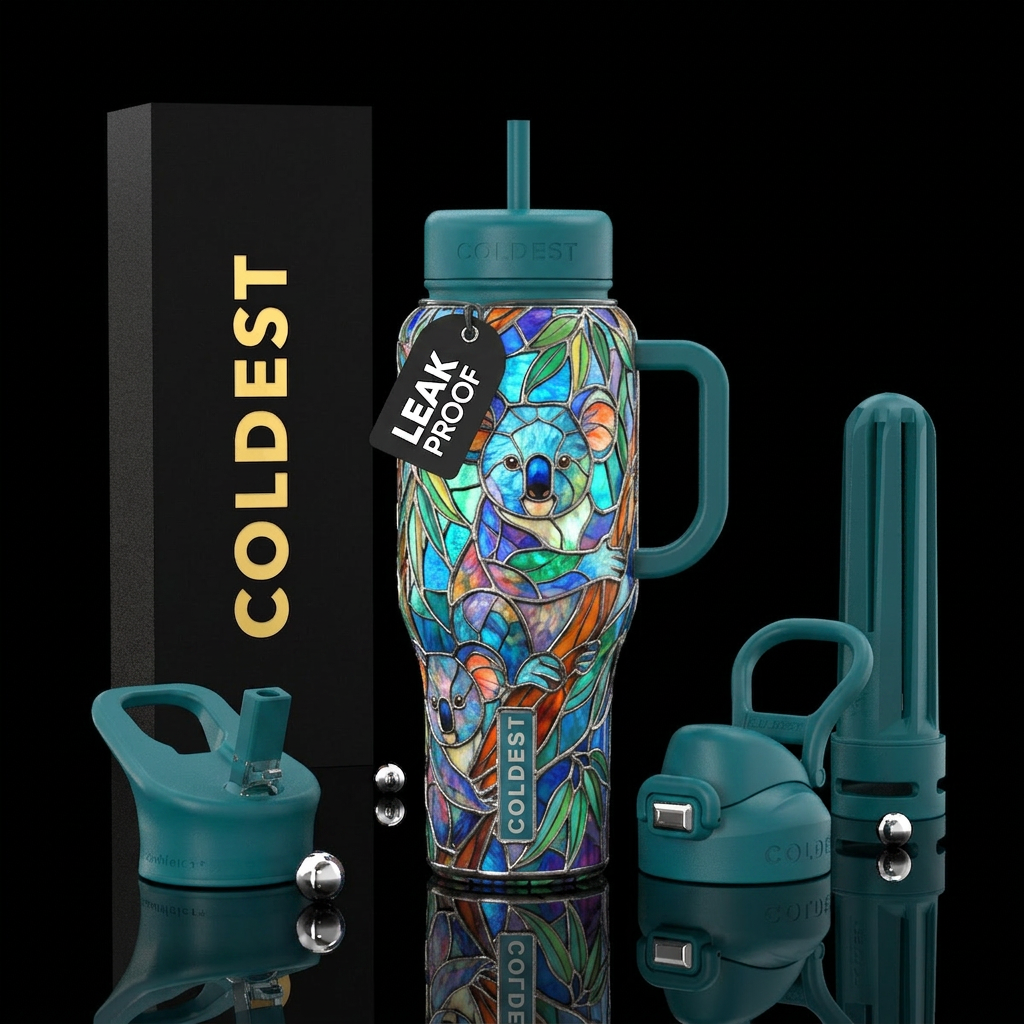 stained glass koalas water bottle design