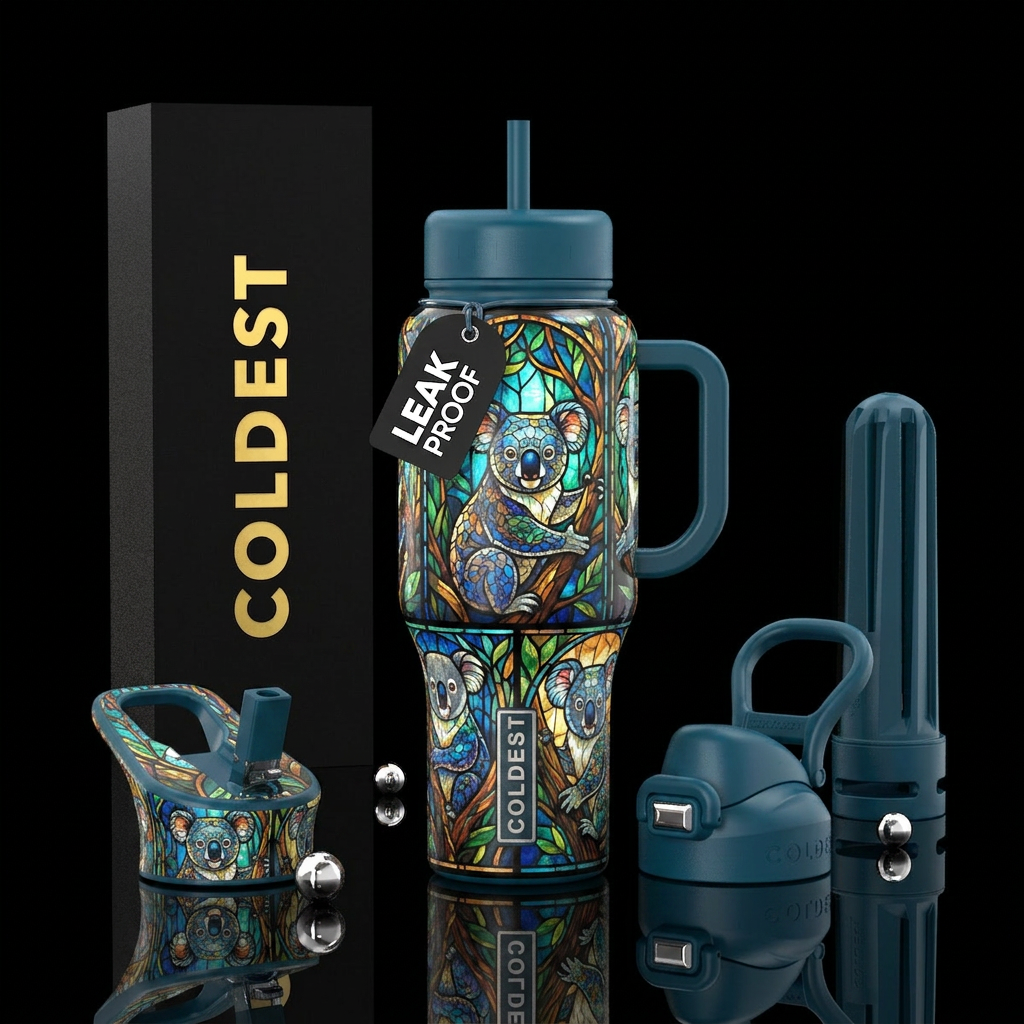 stained glass koalas water bottle design