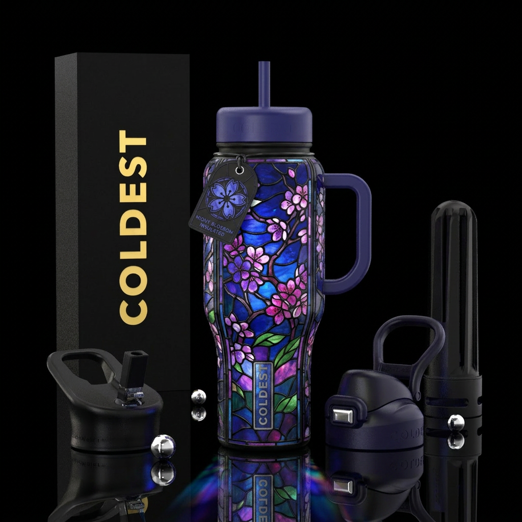 stained glass cherry blossom nights water bottle design