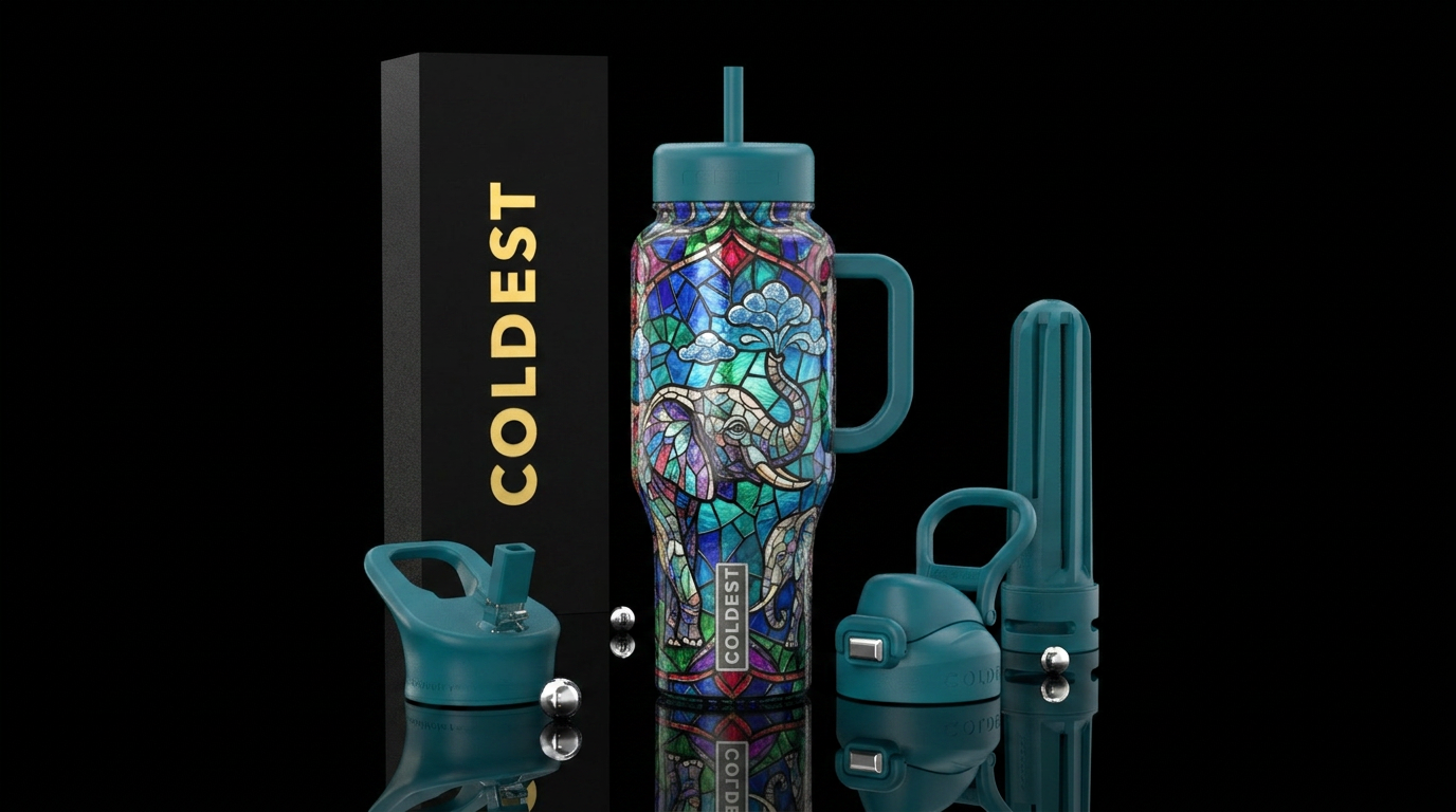 stained glass elephants spraying water water bottle design