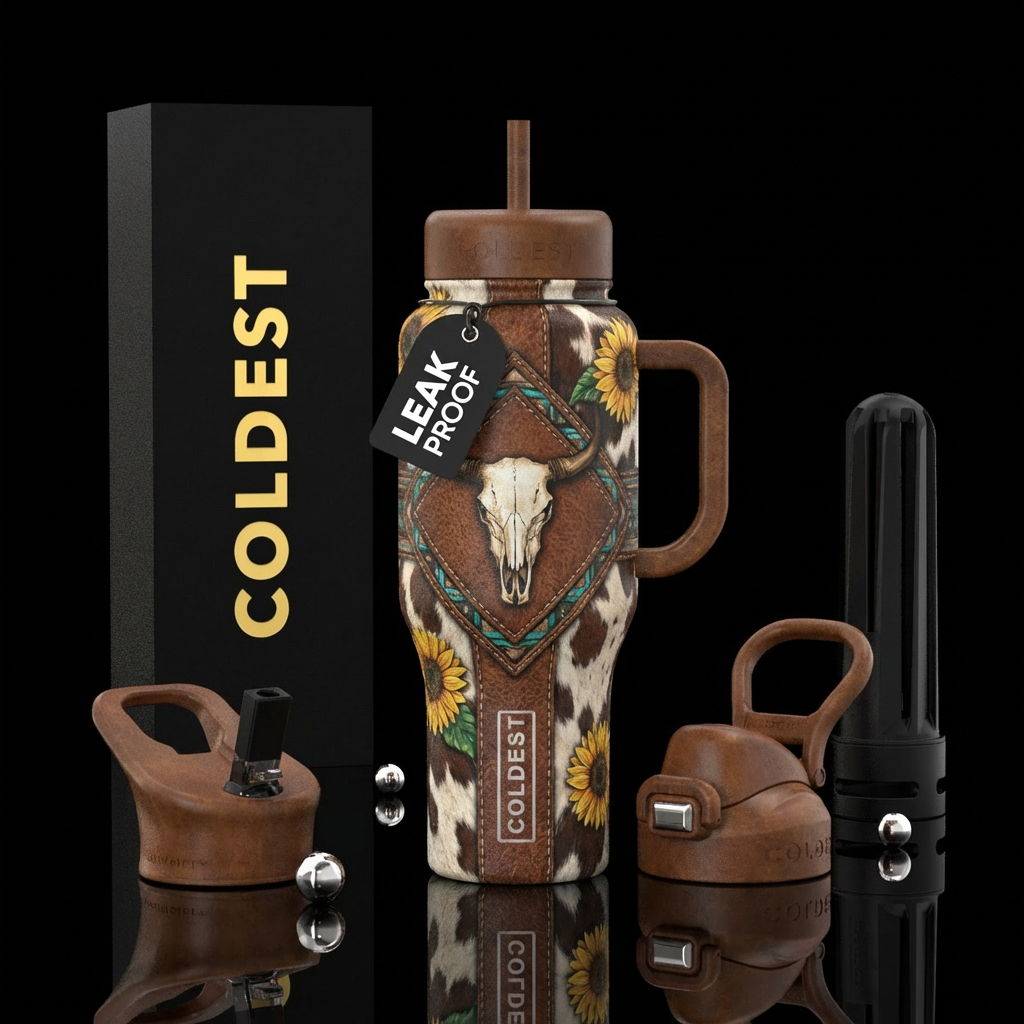 Tribal, beach sunflower, Western, cow skull, leath... water bottle design