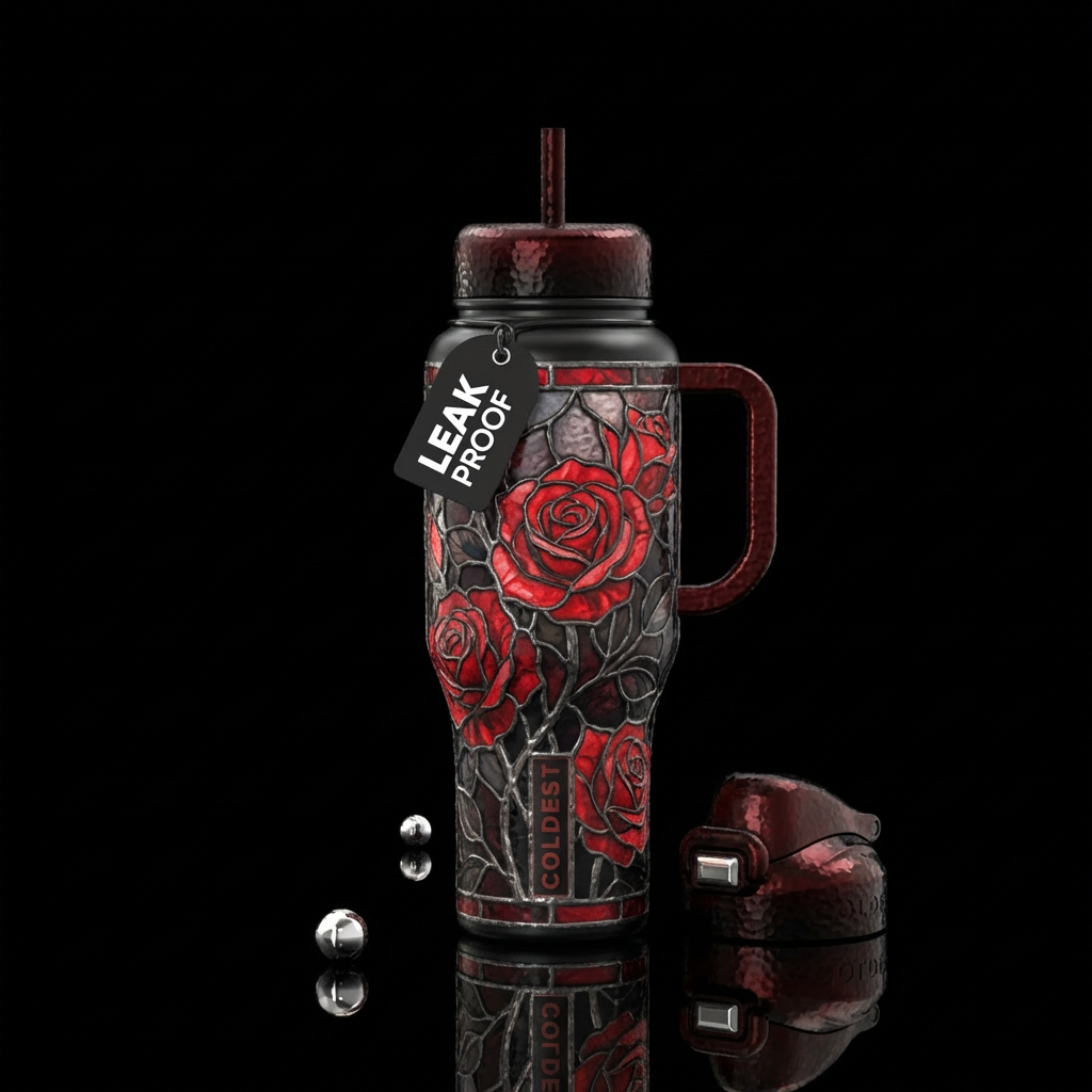 Red Roses, Stained glass, Hammered Metal, dull, to... water bottle design