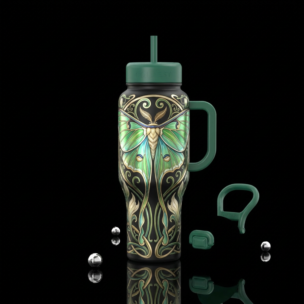 Art nouveau, shiny, seamless, Luna moth water bottle design