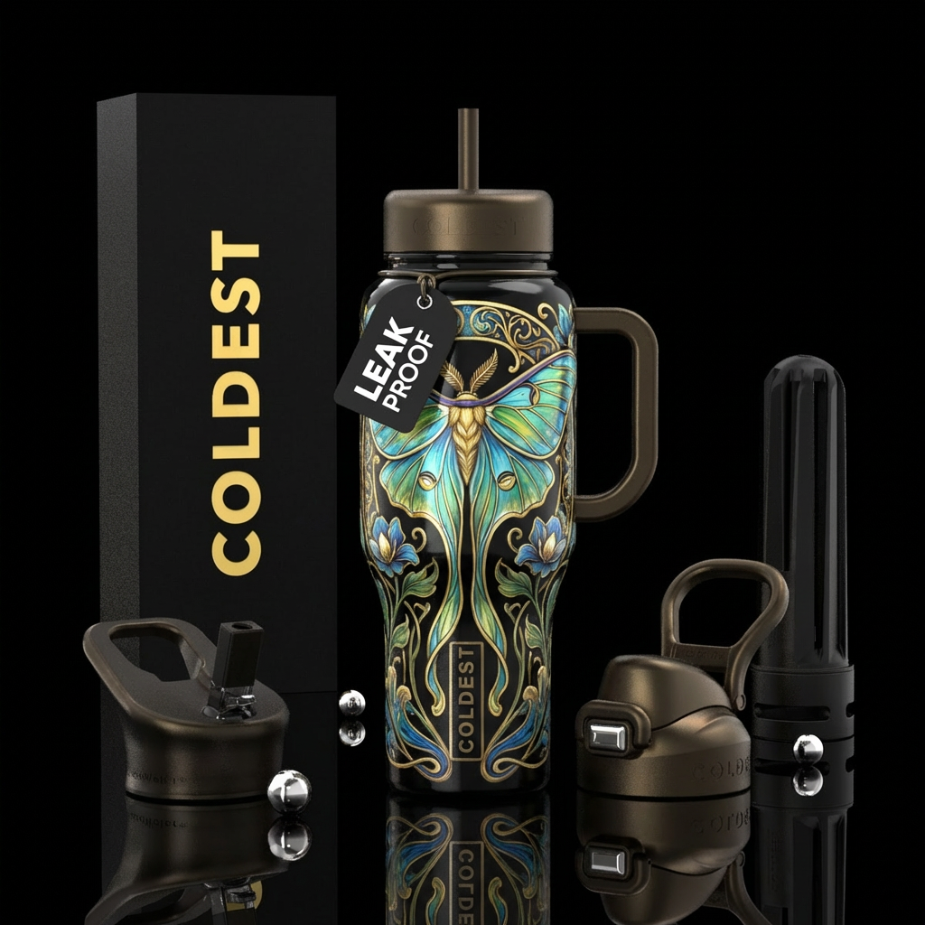 Black background, Art nouveau, shiny, seamless, Lu... water bottle design