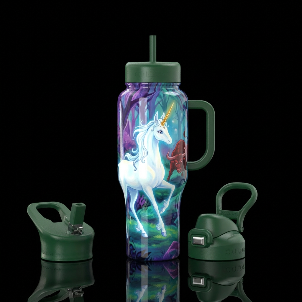 The last unicorn running from red Bull, shiny, sea... water bottle design