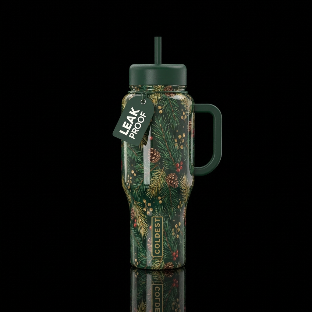 Christmas, pine needles, pattern, shiny, seamless water bottle design