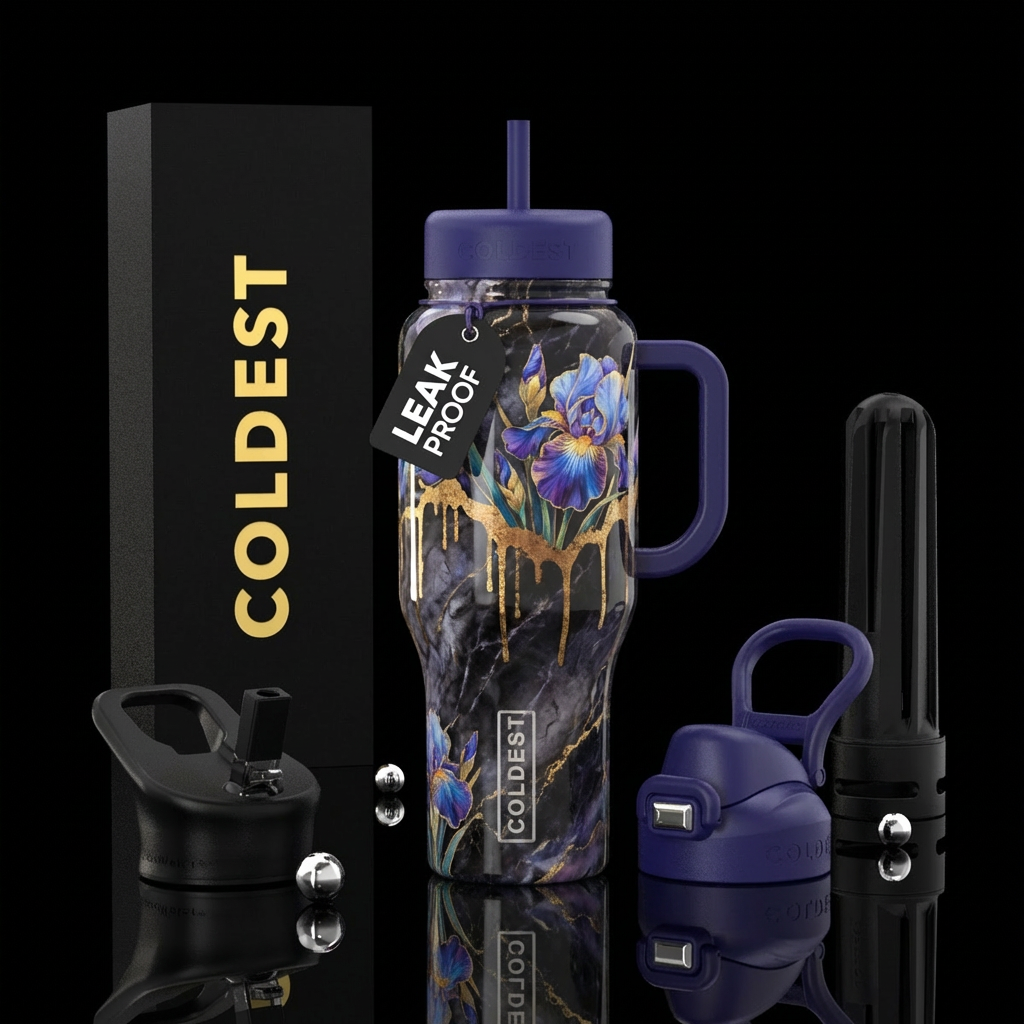Marble, iris flower, seamless, shiny, painted, dar... water bottle design