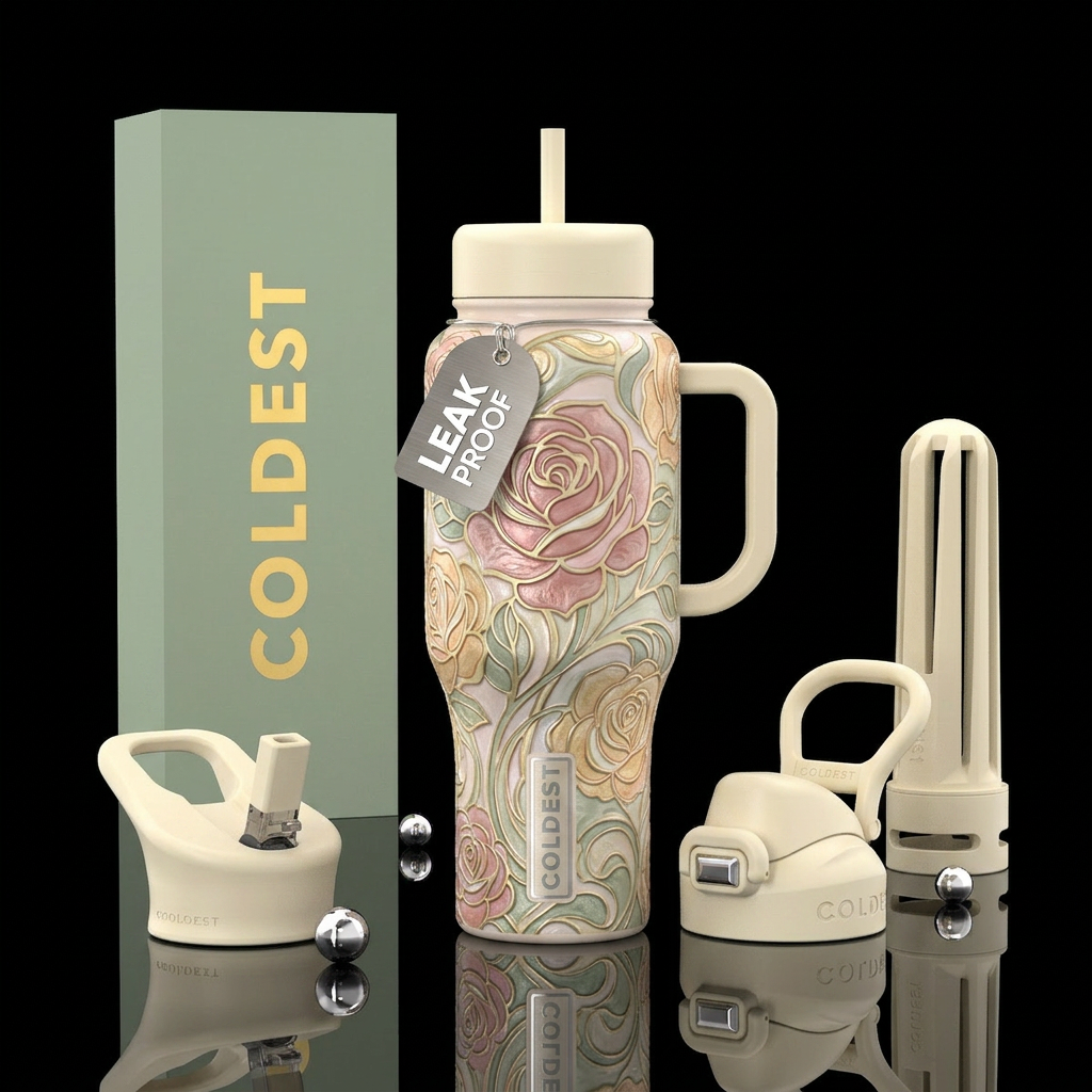 Pale, enamel, art nouveau, roses water bottle design