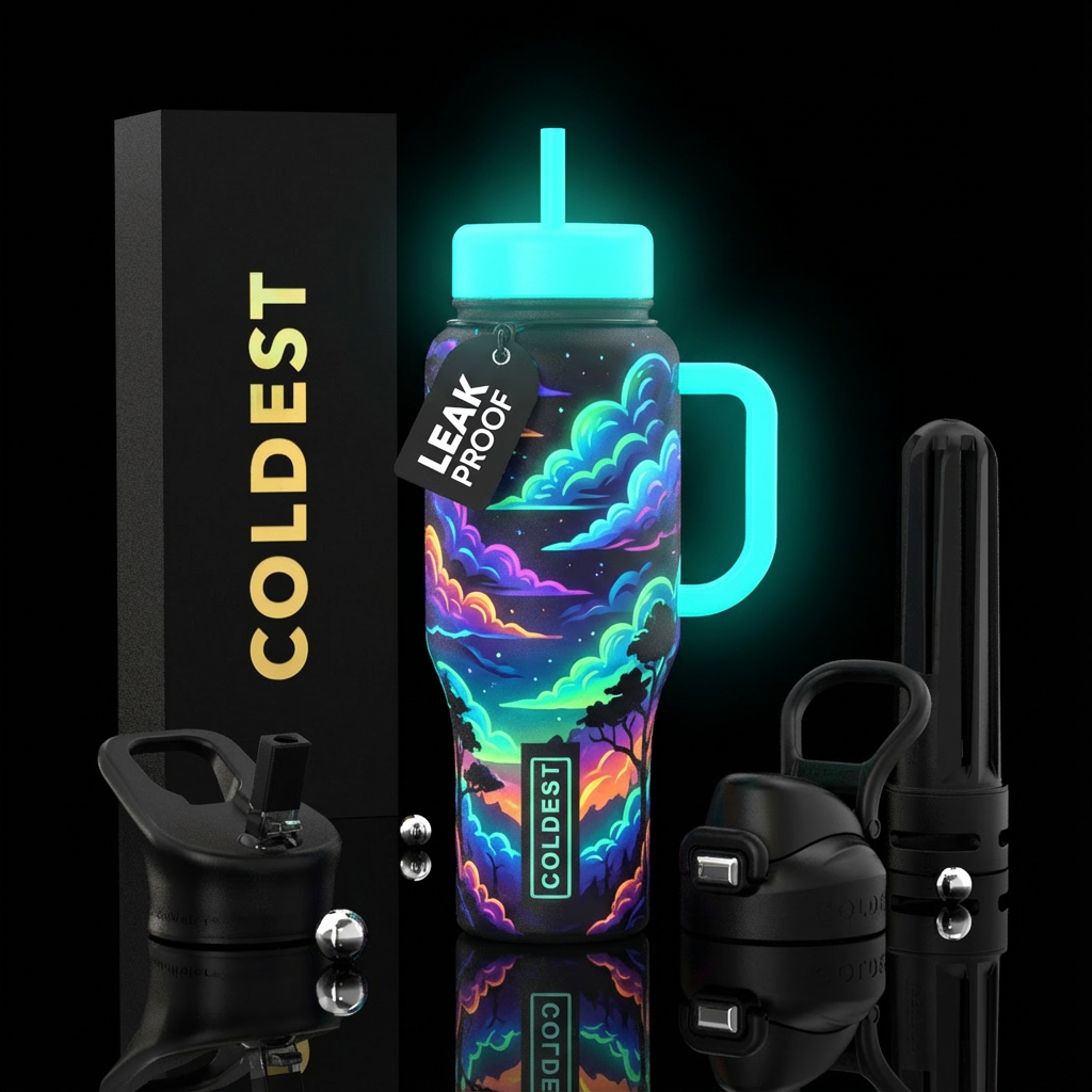 one gallon jug,glowie, clouds, trees water bottle design