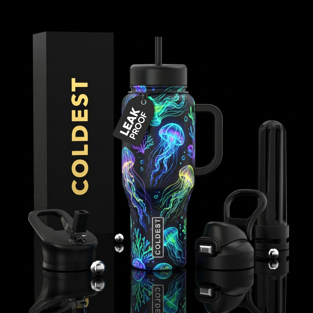 glowie jellyfish in a black bottle water bottle design