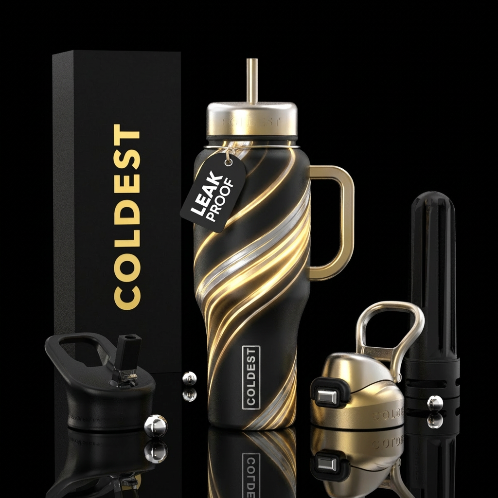glowie swirls, gold, and silver water bottle design