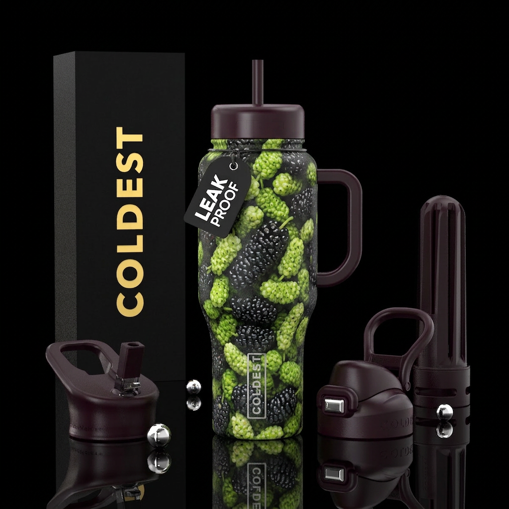 green and black mulberry water bottle design