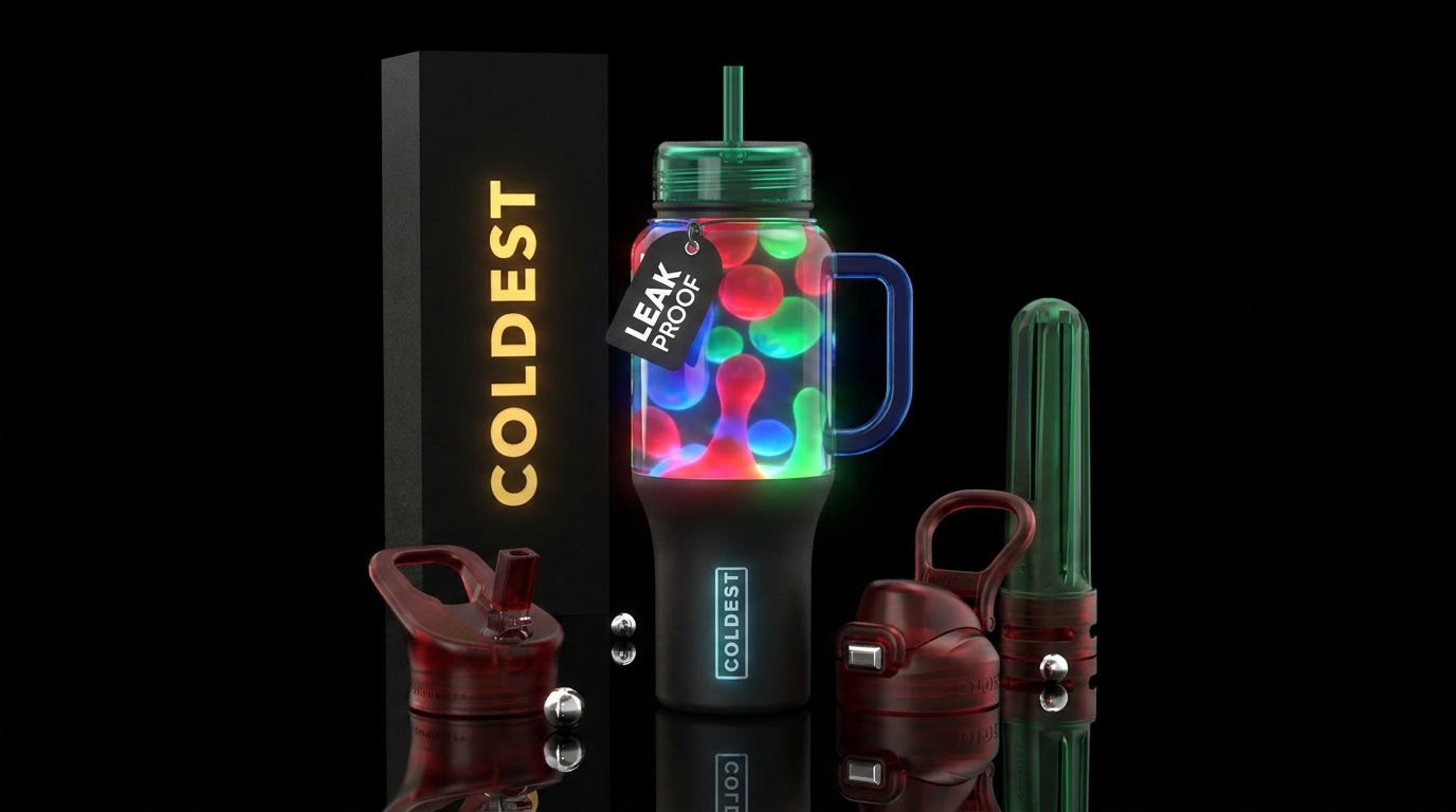 lava lamp, glowie red blue green water bottle design