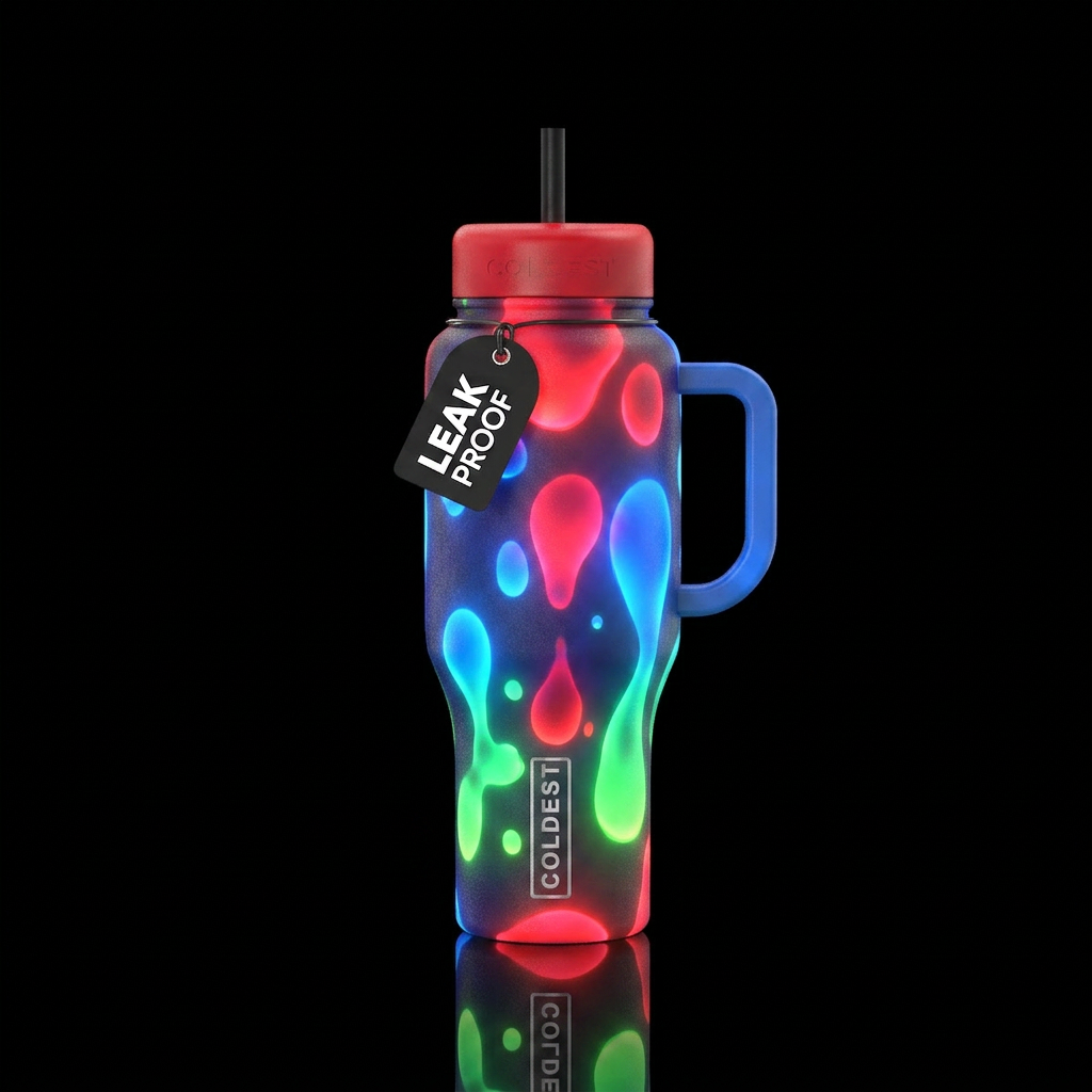 lava lamp, glowie red blue green water bottle design