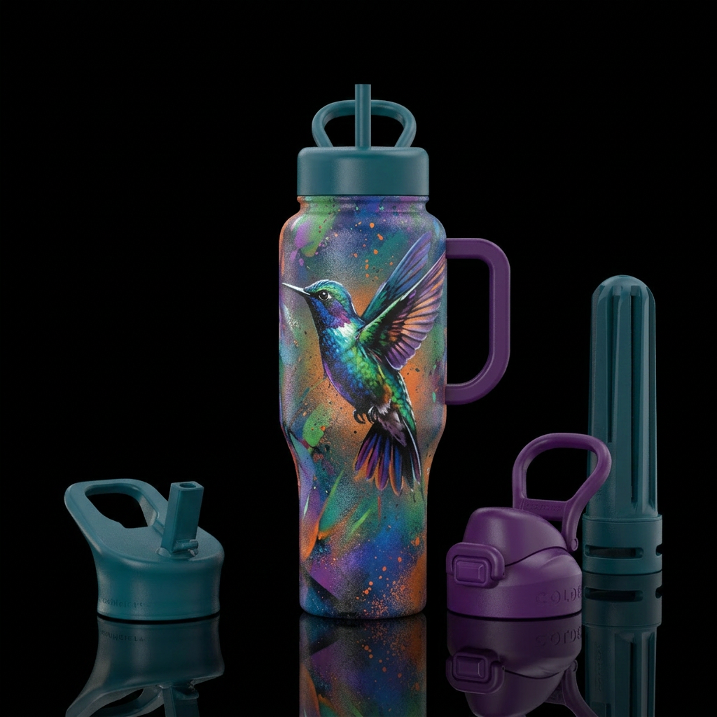 spray painted, hummingbird water bottle design