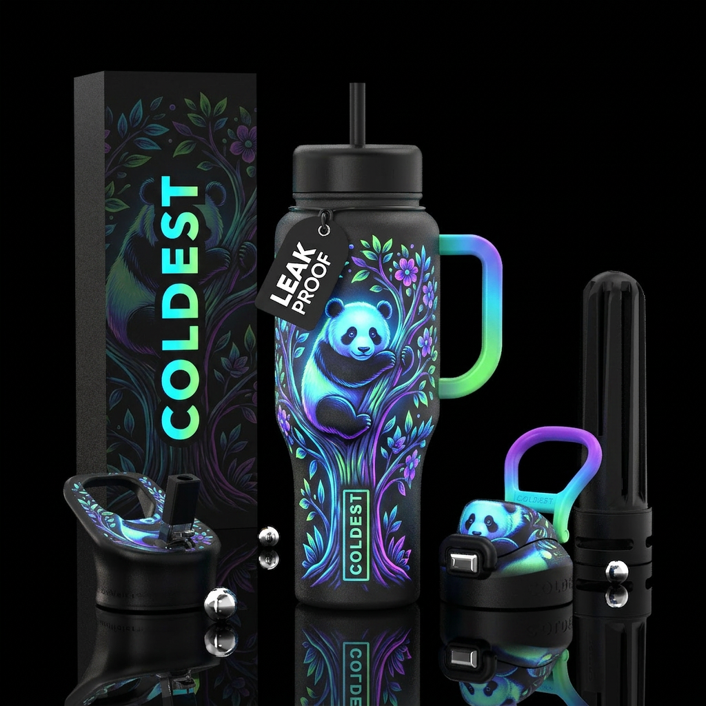 glowie panda bear in a tree water bottle design