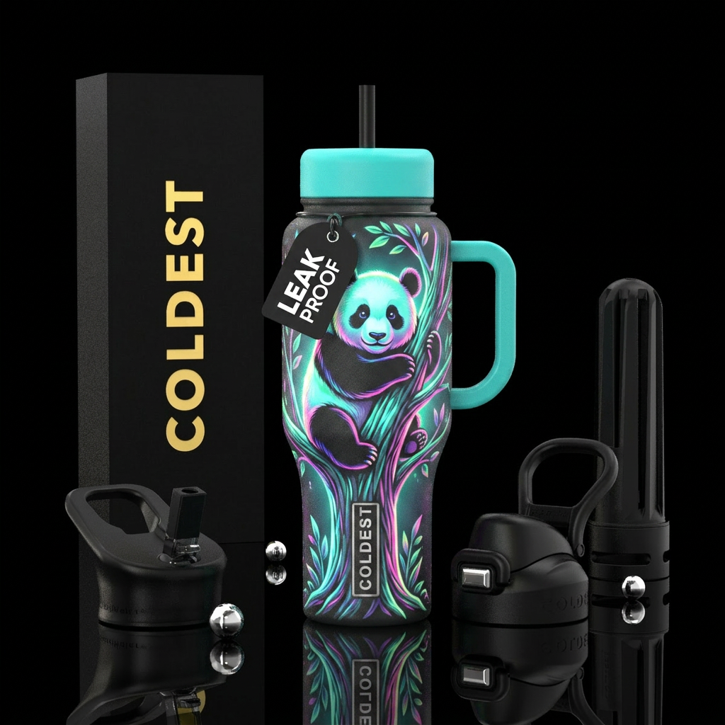 glowie panda bear in a tree water bottle design