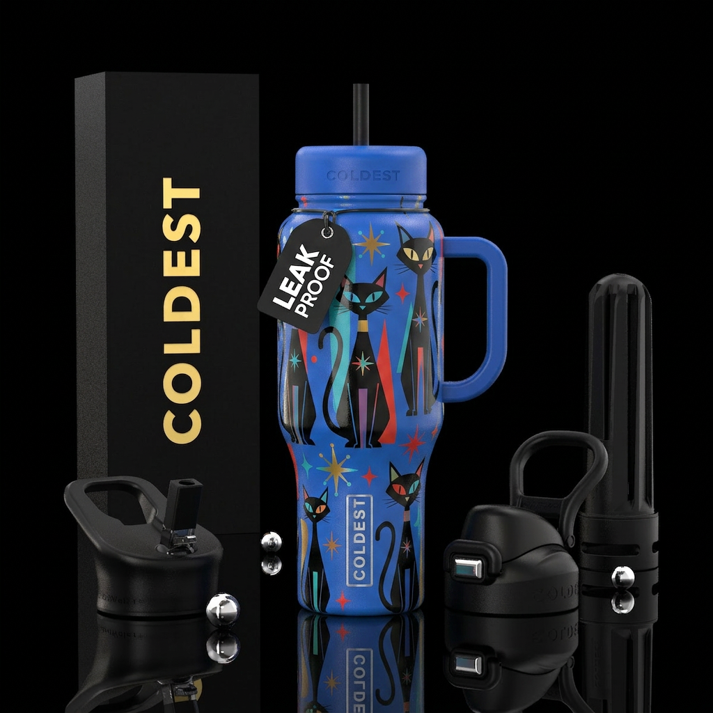 Atomic cat mod century mod black cats with multico... water bottle design