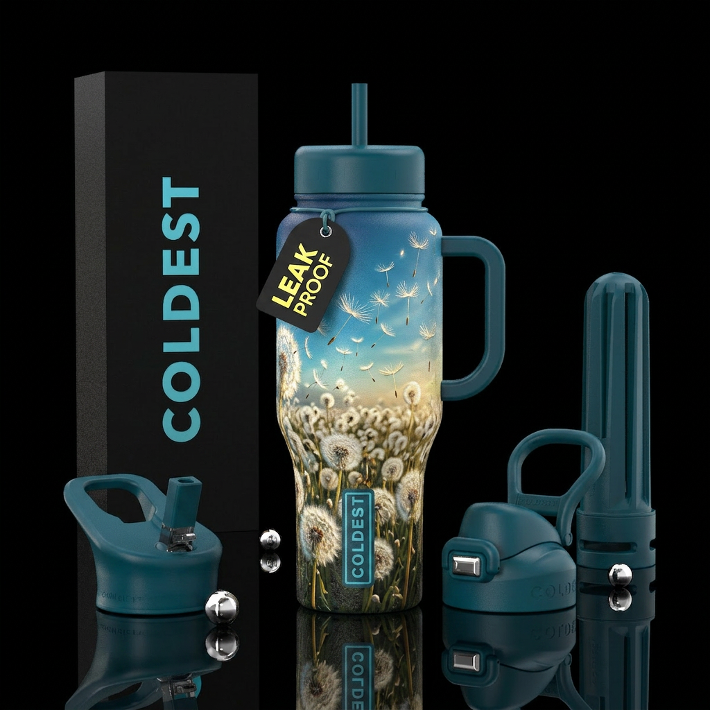 Field of dandelions turned white with seeds drifti... water bottle design