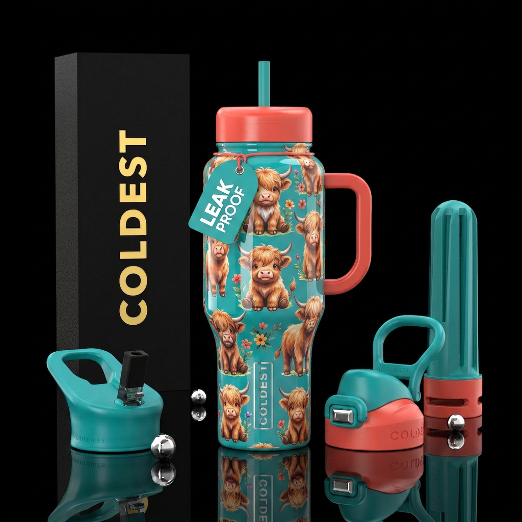 Cute baby highland cows in multiple poses around t... water bottle design
