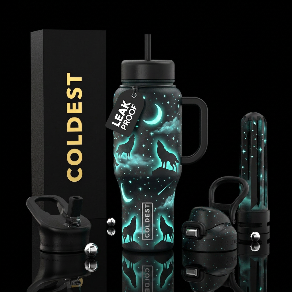 Wolf howls.  Design a bottle with multiple Wolf si... water bottle design