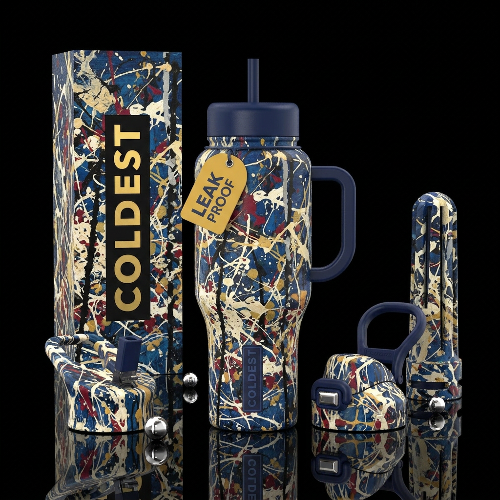 Create a bottle in the style of Jackson Pollock’s ... water bottle design