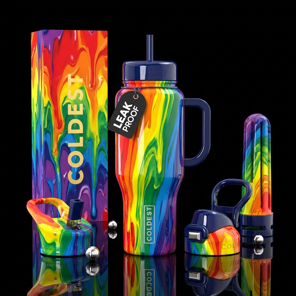Rainbow colors in stripes around the bottle, drips... water bottle design
