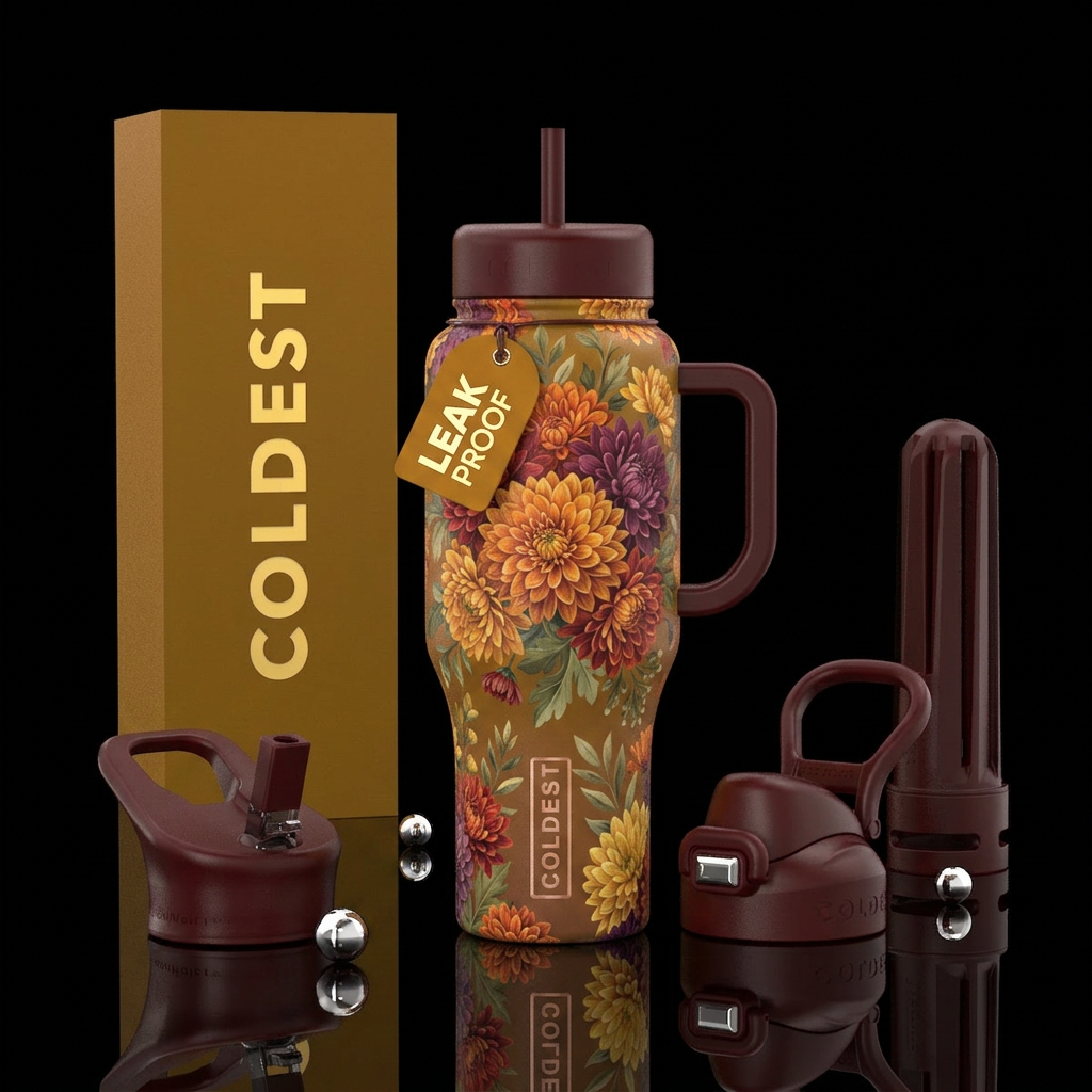 Multicolored mums, fall colors, greenery, warm fal... water bottle design