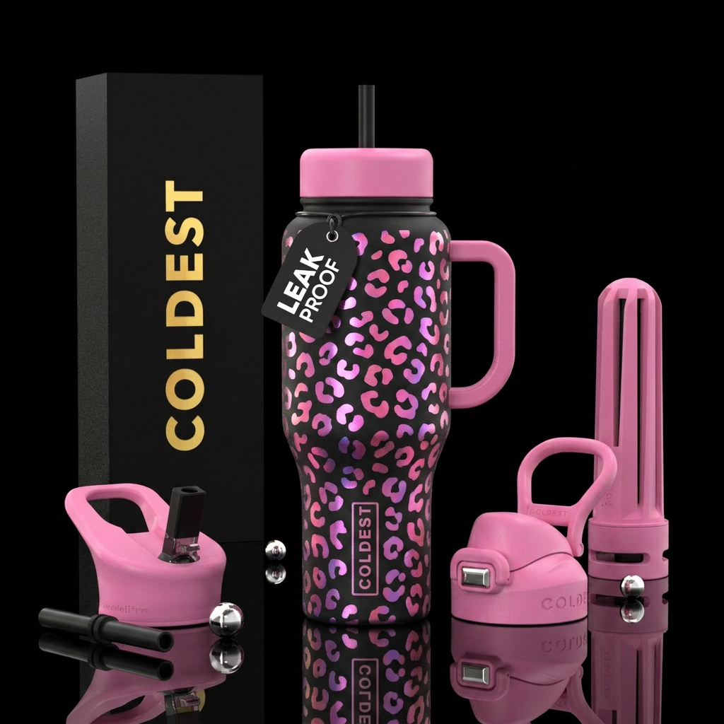 Pink and black leopard with black as the predomina... water bottle design