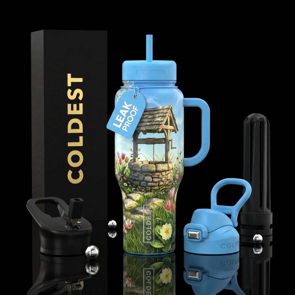 Wishing well surrounded by green grass and spring ... water bottle design