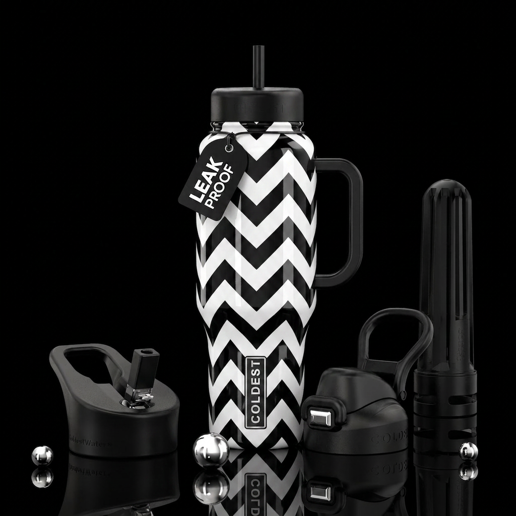 Vintage Chevron design in black and white with bla... water bottle design