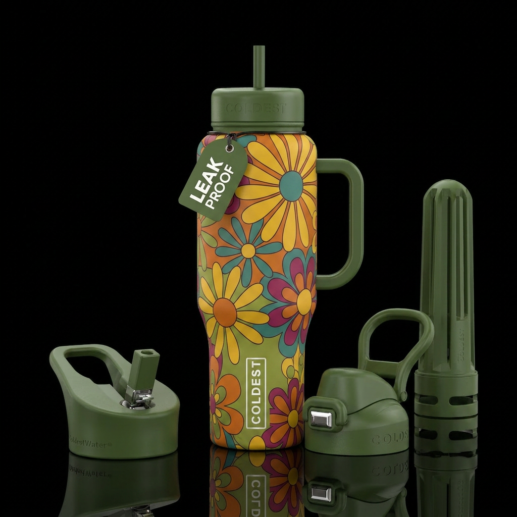 Hippie chic.   Retro 70s floral design with bold c... water bottle design