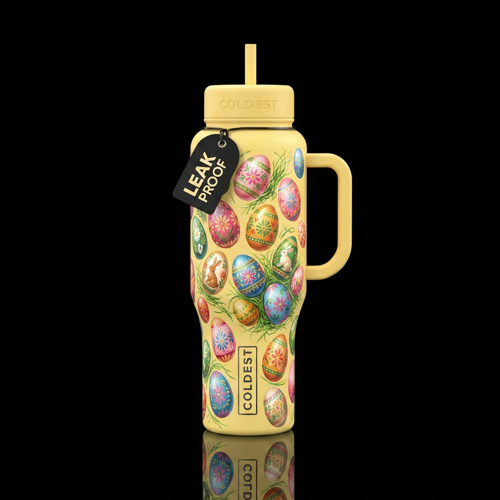 Vintage painted Easter eggs.  Soft yellow backgrou... water bottle design