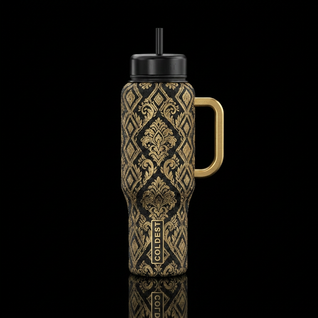 Jacquard damask print in black and gold diamonds w... water bottle design