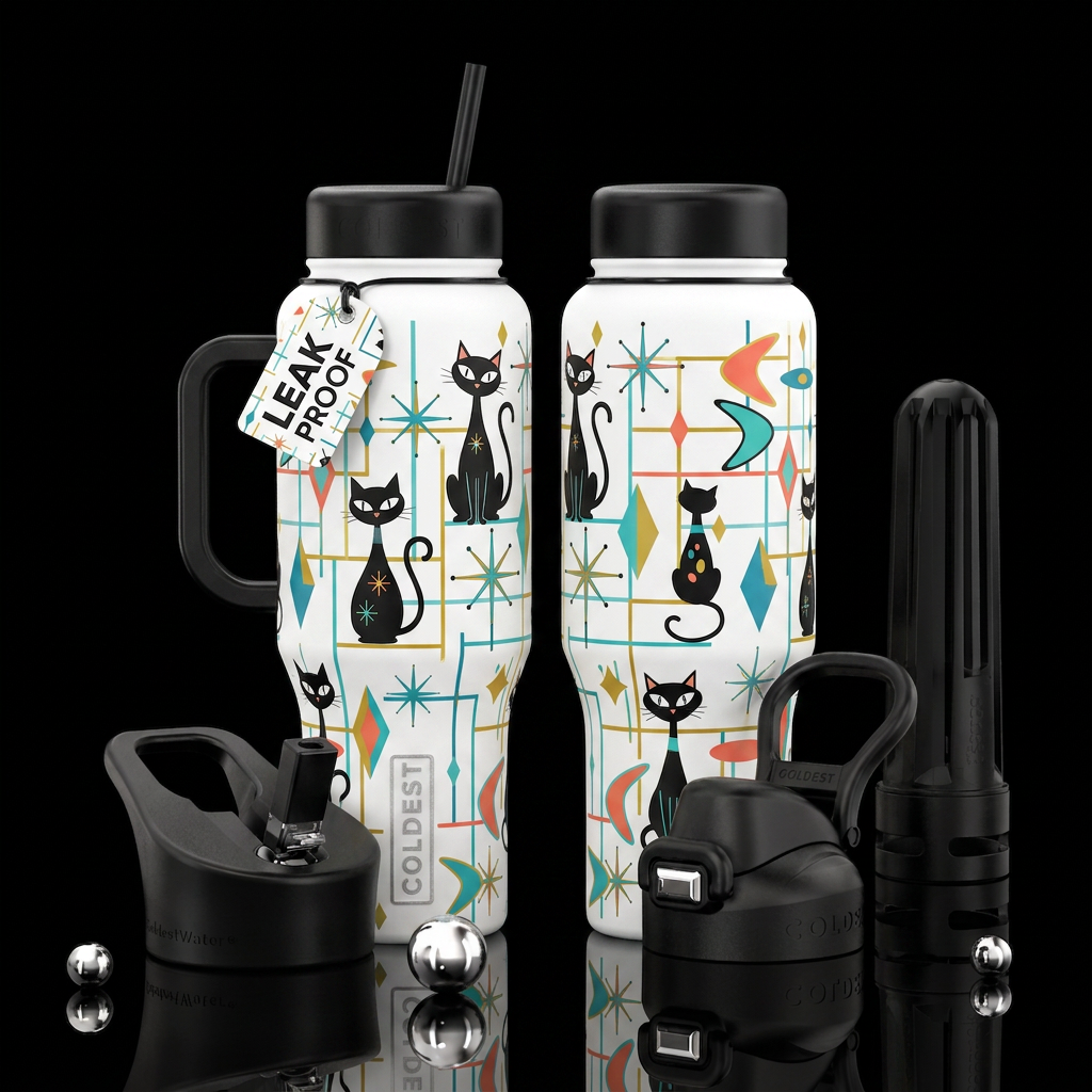 Mid-century mod atomic black cat on white backgrou... water bottle design